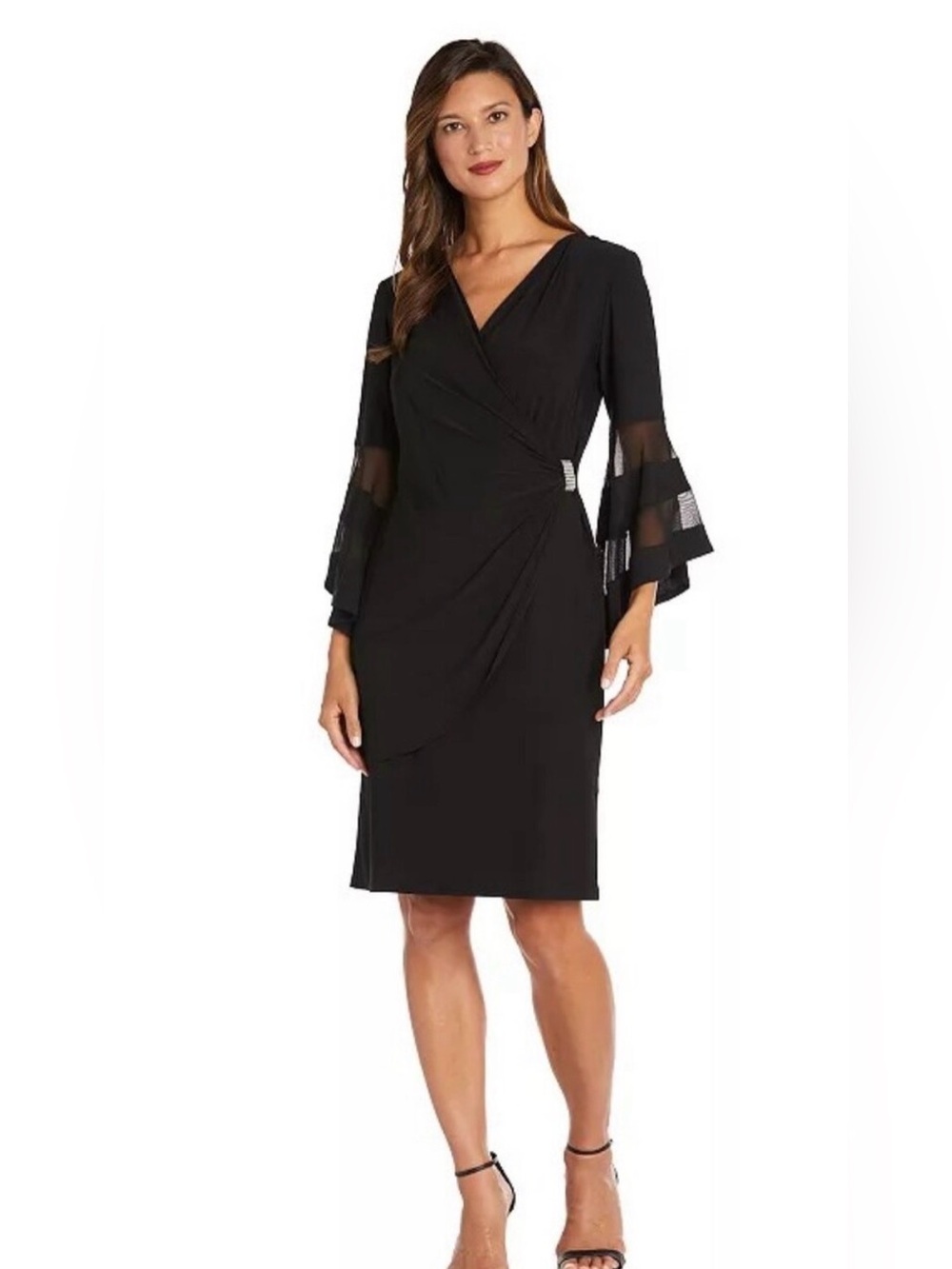 R&M Richards Navy Draped Wrap Dress with Ruffle Mesh Sleeves
